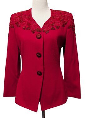 Lillie Rubin for Nolan Miller Womens Sz 6 Vintage Red Beaded Wool Blazer Jacket